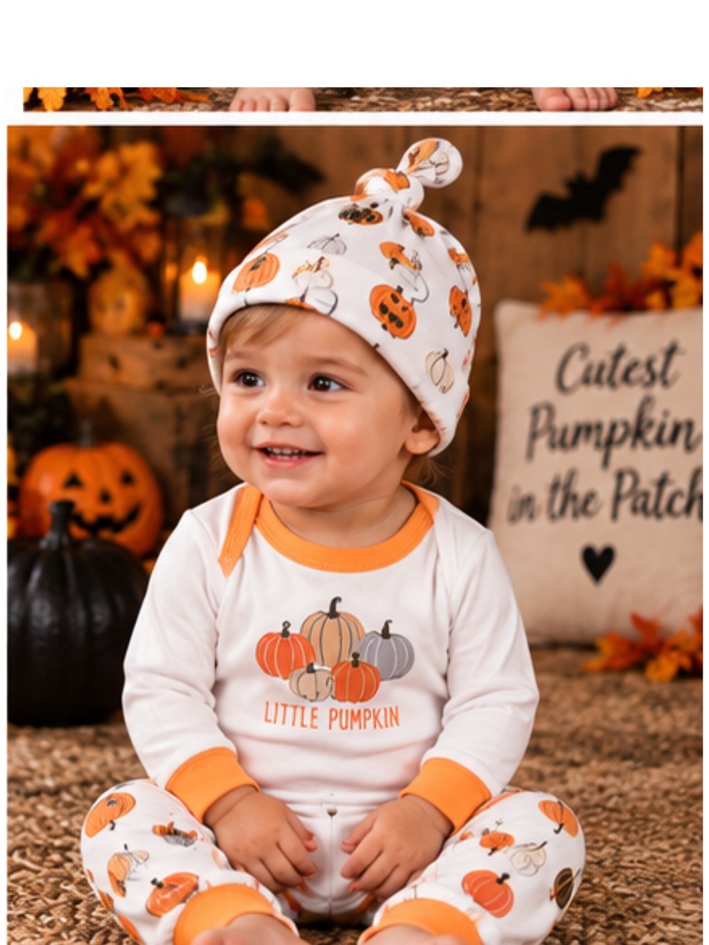 chick pea Orange White Pumpkin Print Baby Romper & Hat Set
